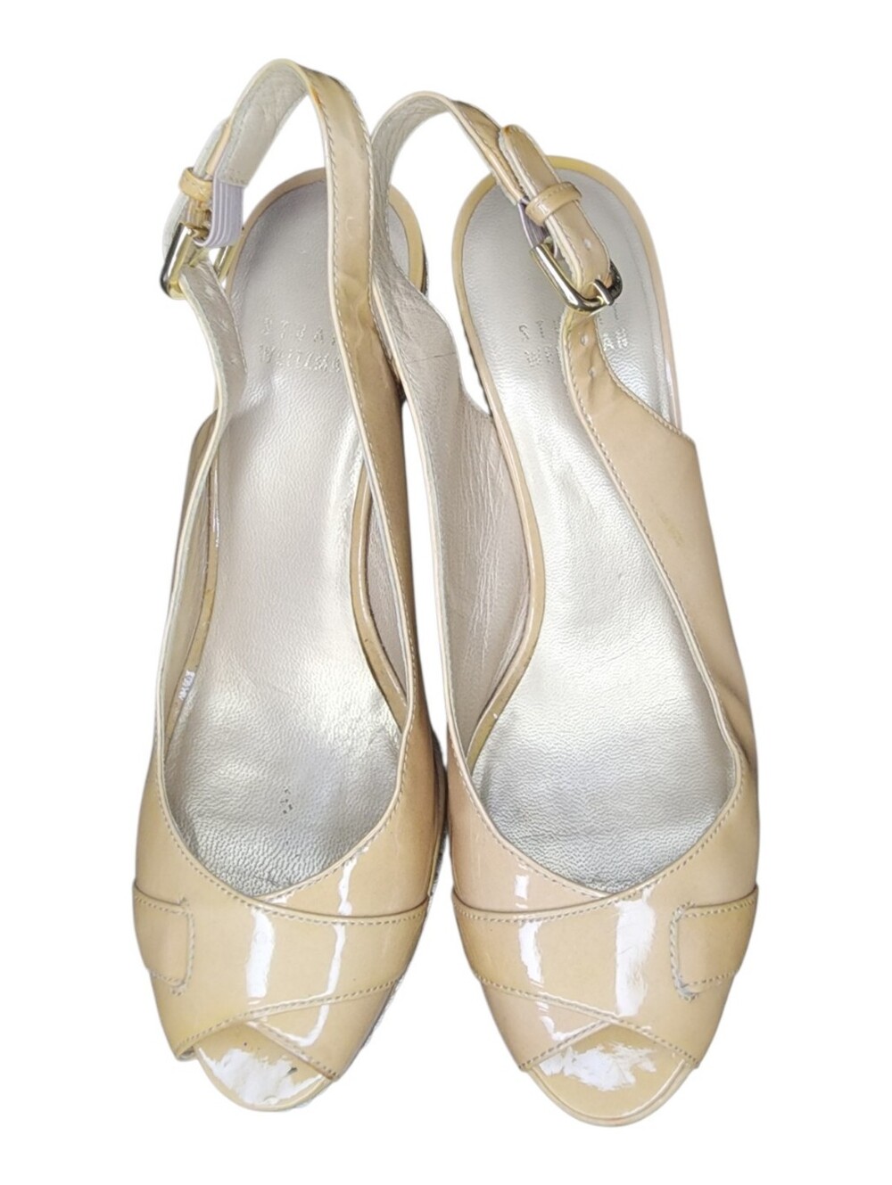 STUART WEITZMAN Beige Patent Leather Excise Wedge Sandals, Womens 5.5 - Picture 5 of 13